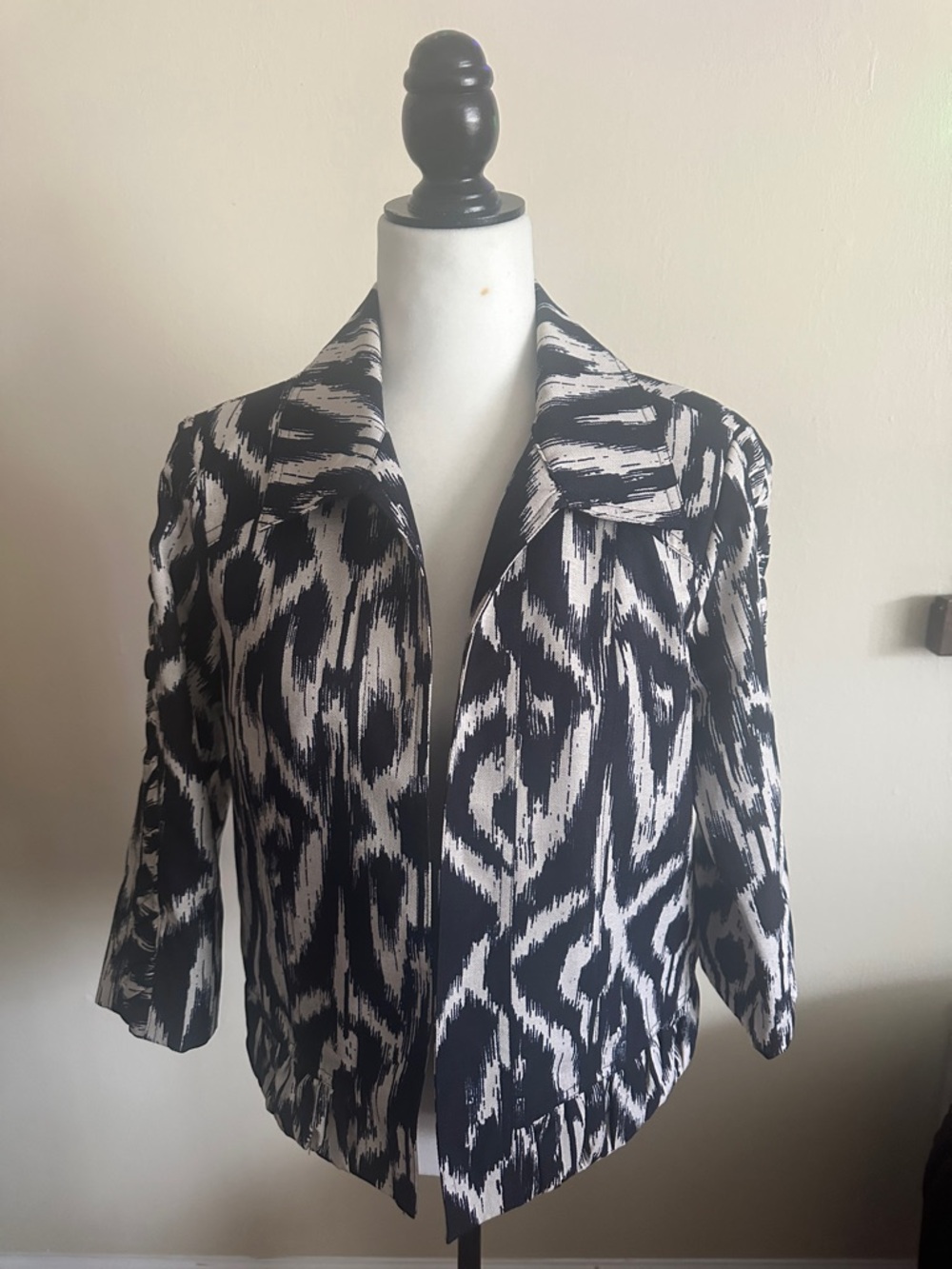 Christopher & Banks Black and White Ikat Print Open Jacket